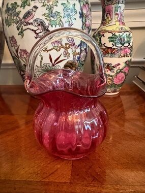 Cranberry Glass Handled Basket Vase, Blown Glass, Vintage
